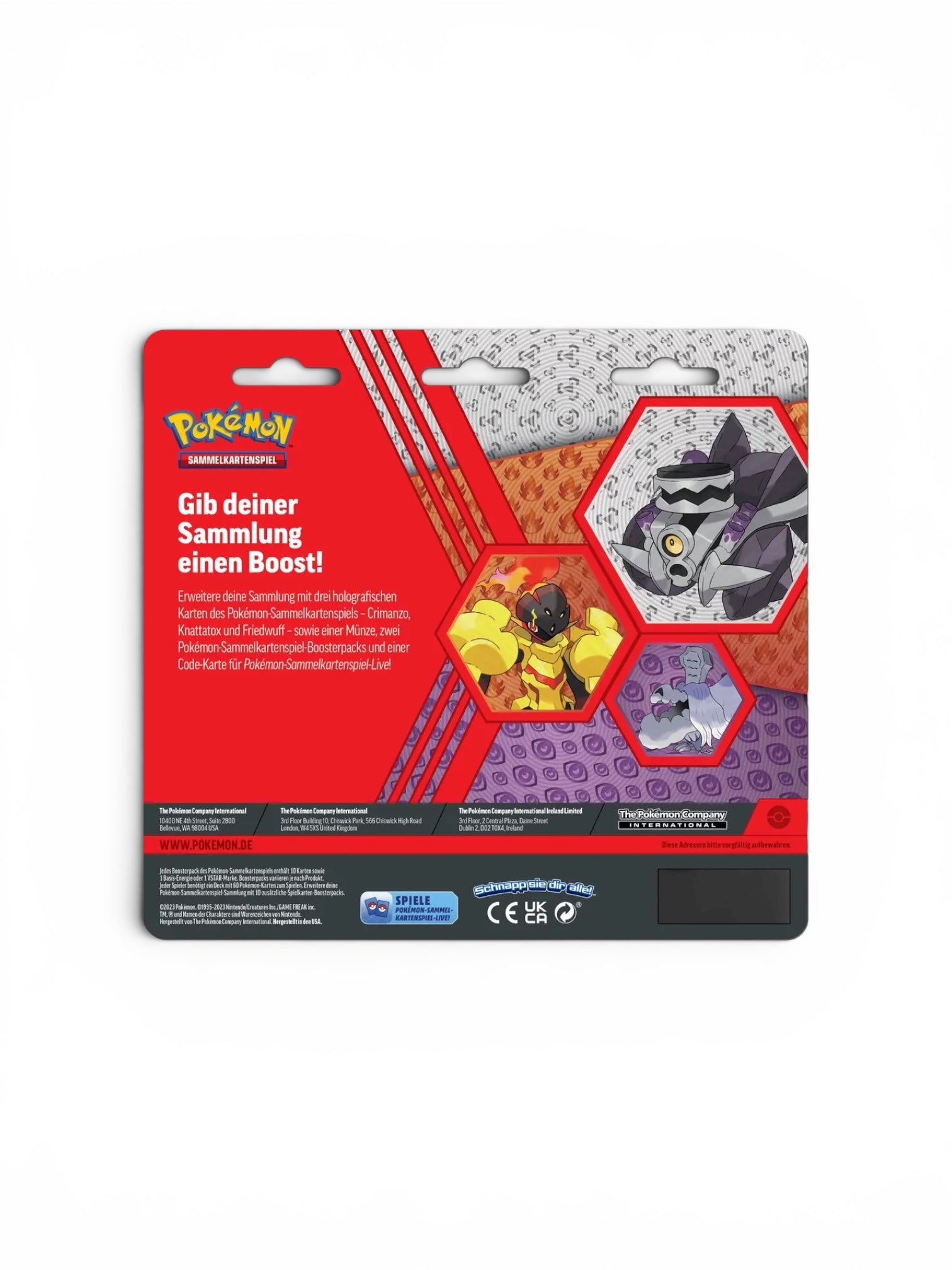 Rückseite einer Pokémon-Sammelkartenverpackung mit drei sechseckigen Fenstern, die verschiedene Pokémon zeigen, und mehreren Textfeldern.