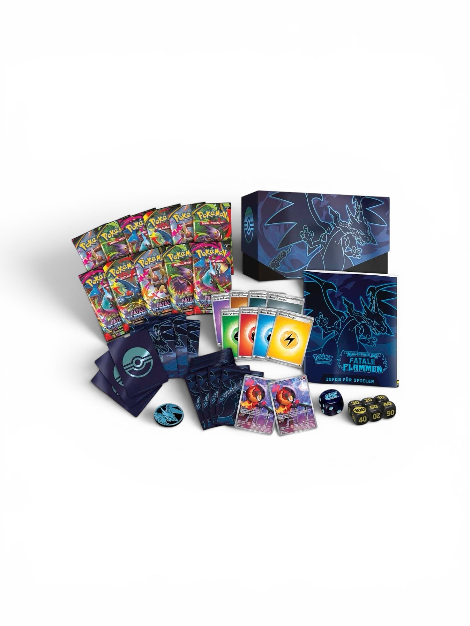 Pokémon Fatale Flammen Top Trainer Box Inhalt mit mehreren Boosterpacks, Spielkarten, Würfeln und eine Box im Design Mega Glurak X
