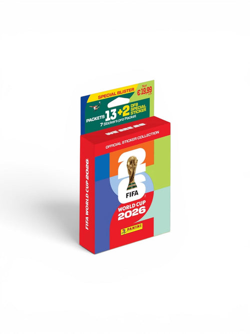 Packung mit Panini-Stickern zur FIFA Fußball-Weltmeisterschaft 2026 mit FIFA-Weltpokal auf der Vorderseite. Die Packung enthält 13 Sticker Packs und zusätzliche 2 DFB Special Sticker