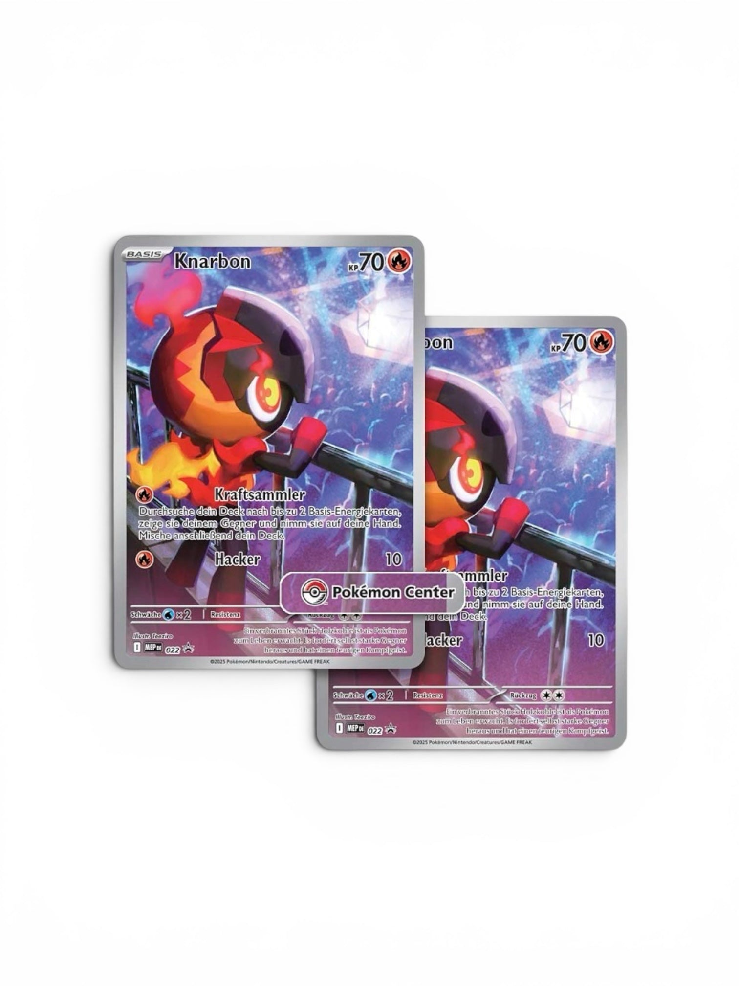 Zwei Pokémon-Karten mit dem Pokémon Knarbon vor einem lila-blauen Hintergrund als Promo Karte mit Pokémon Center Stamp