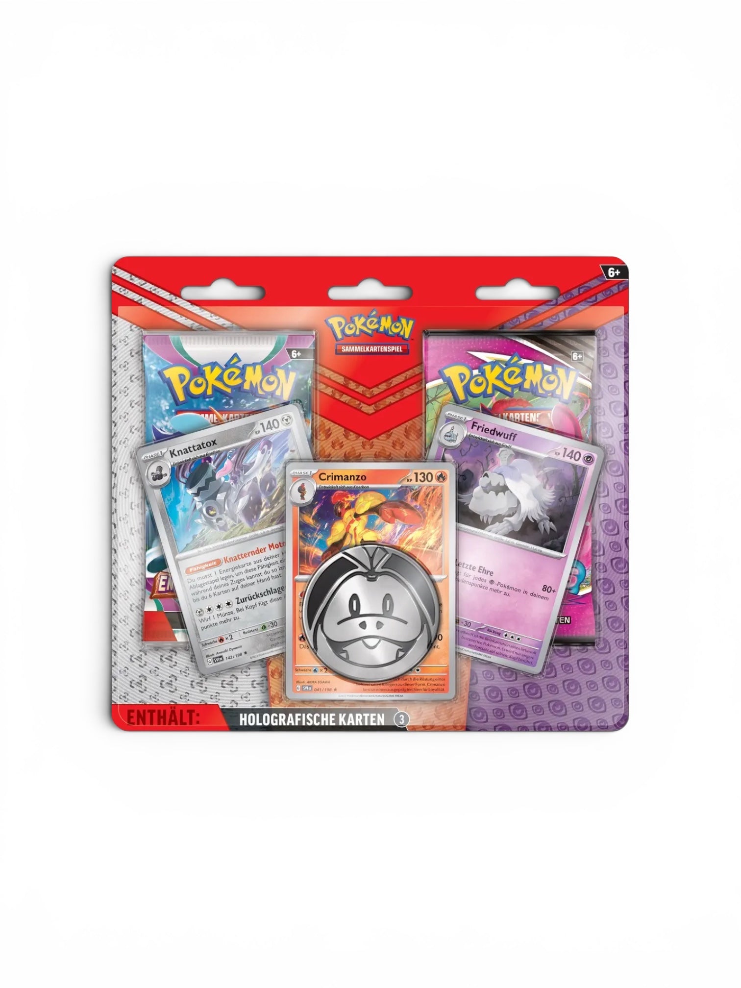 Verpackung mit Pokémon-Sammelkarten, darunter drei Karten mit den Pokémon Crimanzo, Knattatox und Freidwuff sowie 2 Boosterpacks einmal Fussionsangriff nd einmal Entwicklungen in Paldea